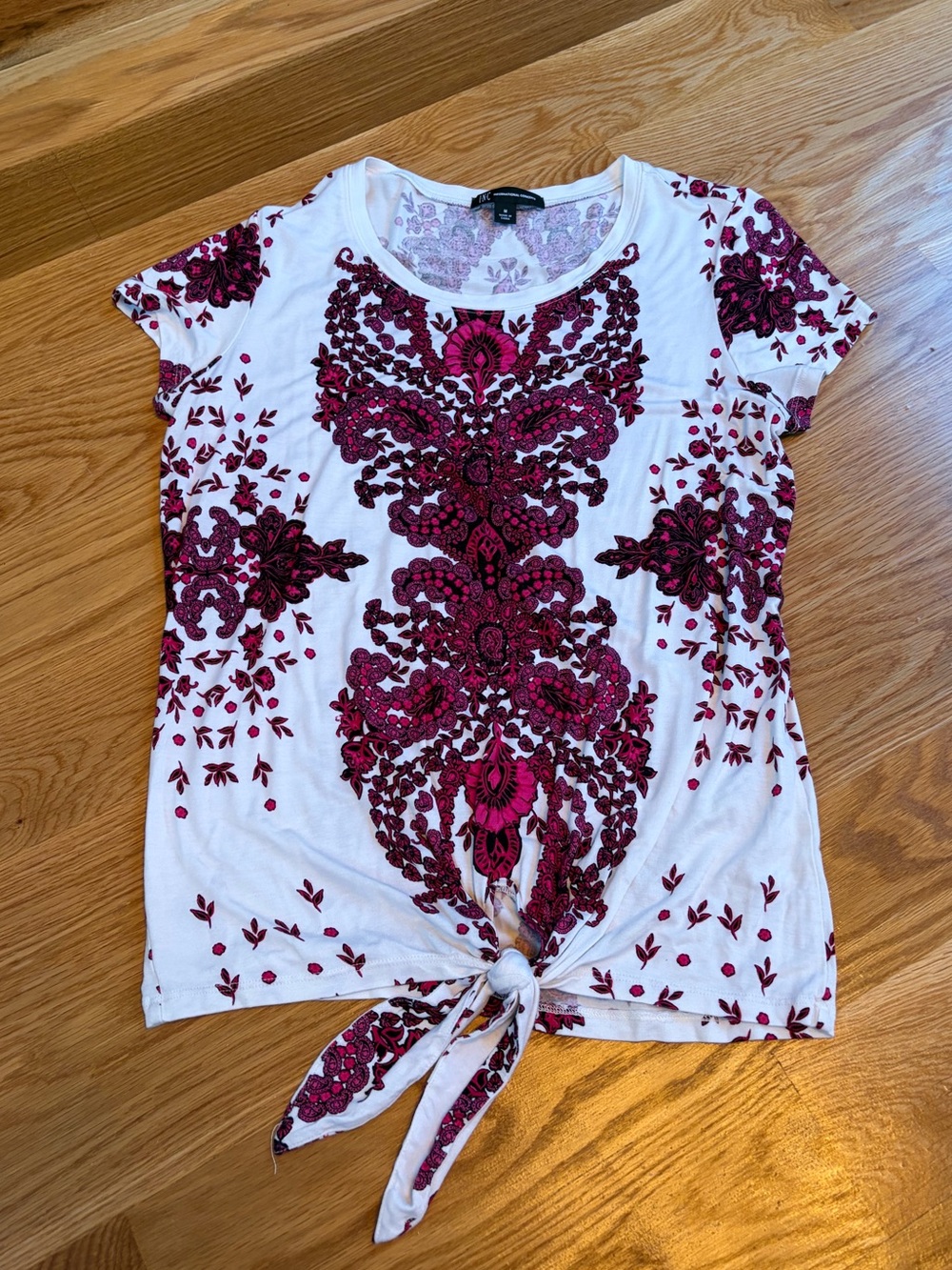 Women's Tie-Front Embroidered Tee in White and Burgundy